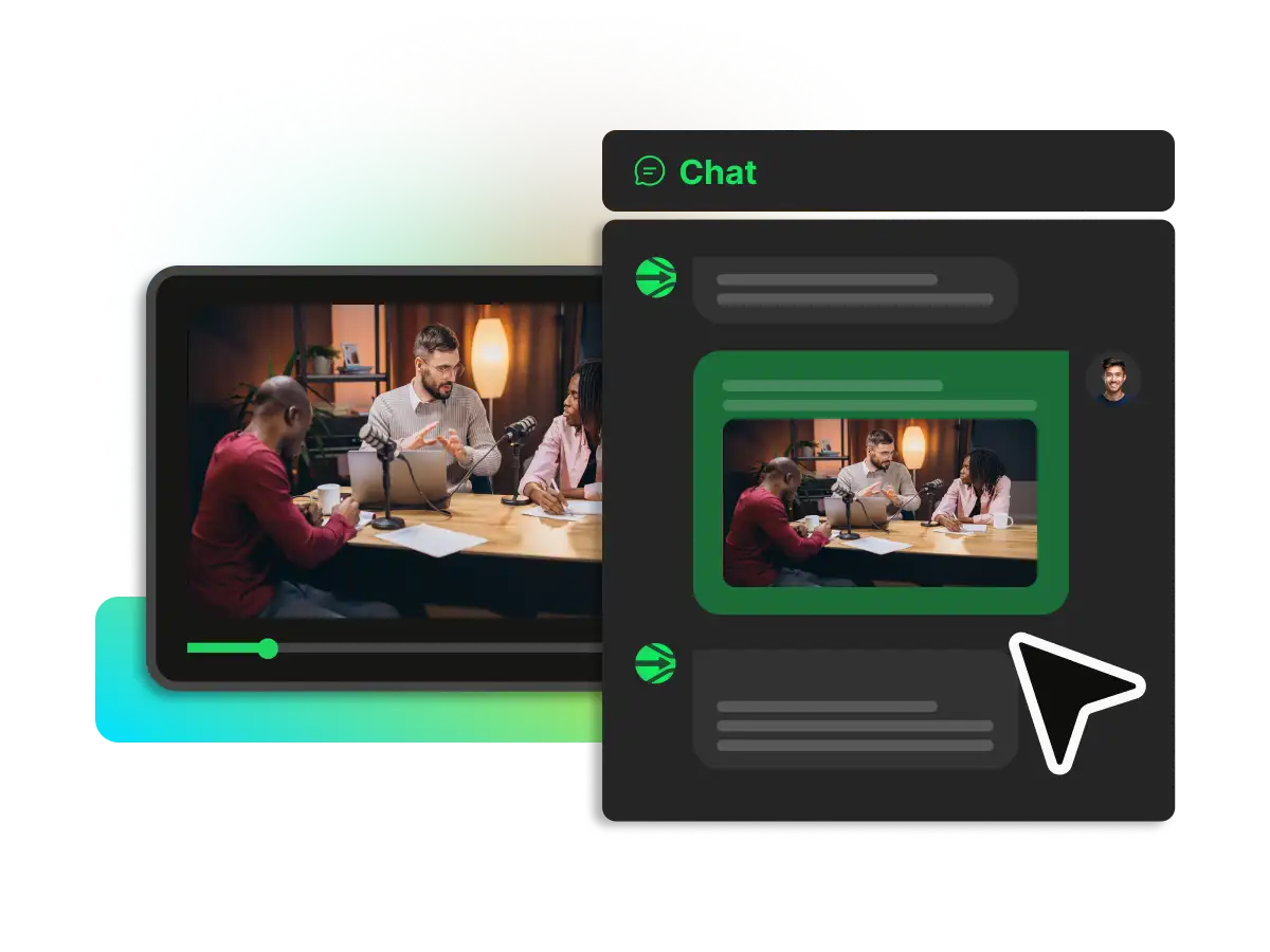 AI chat interface allowing users to ask questions about the podcast and view relevant video clips